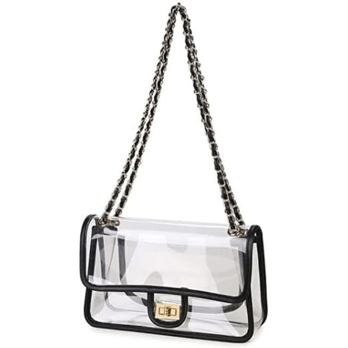 A clear crossbody purse with a black trim and chain strap, featuring a clasp closure.