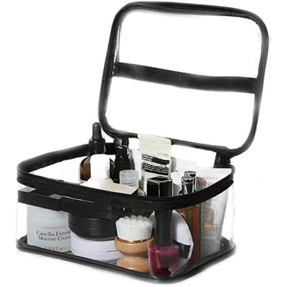 A black waterproof transparent cosmetic bag filled with various skincare and beauty products.