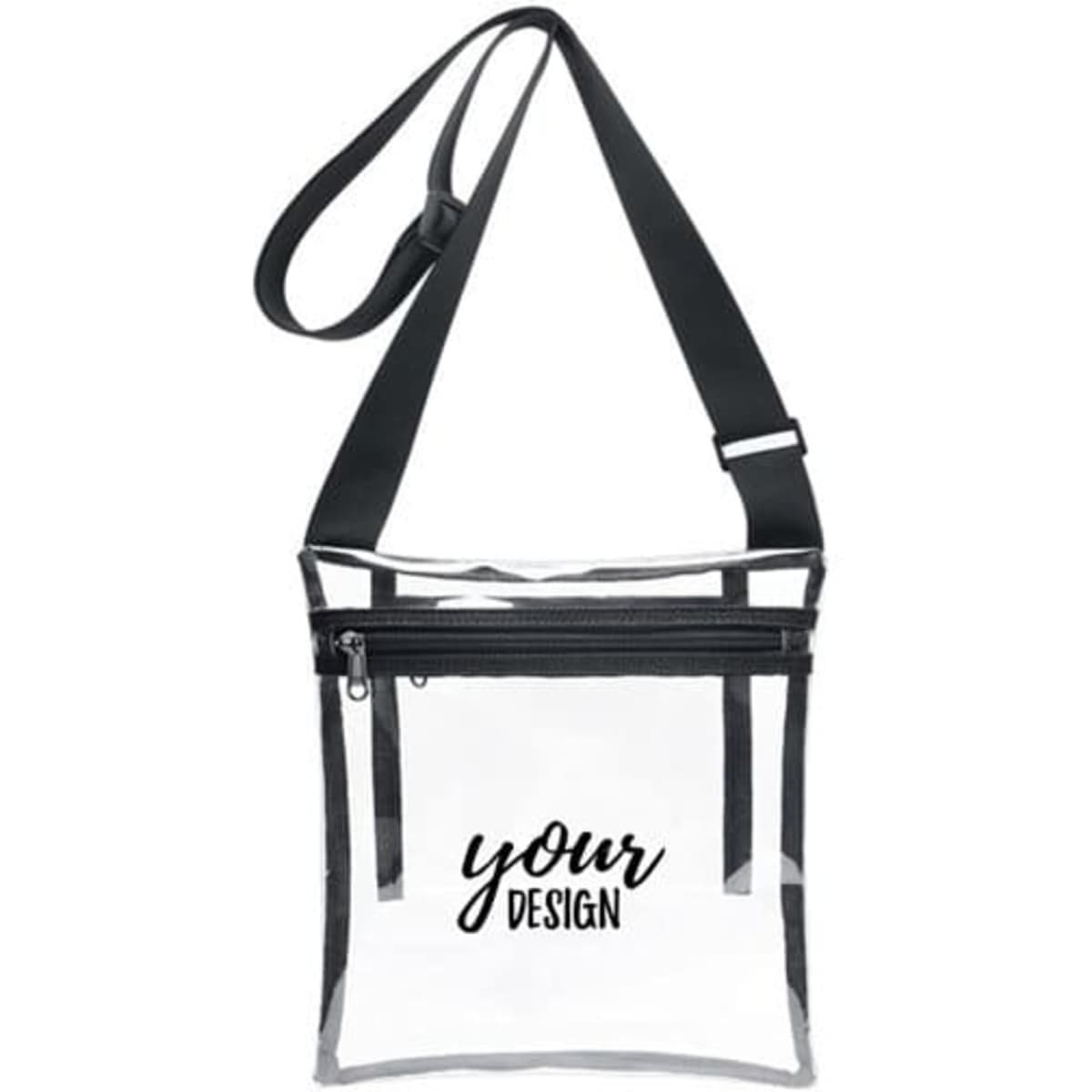 A transparent crossbody bag with a black strap and inner pouch, featuring a branding logo.