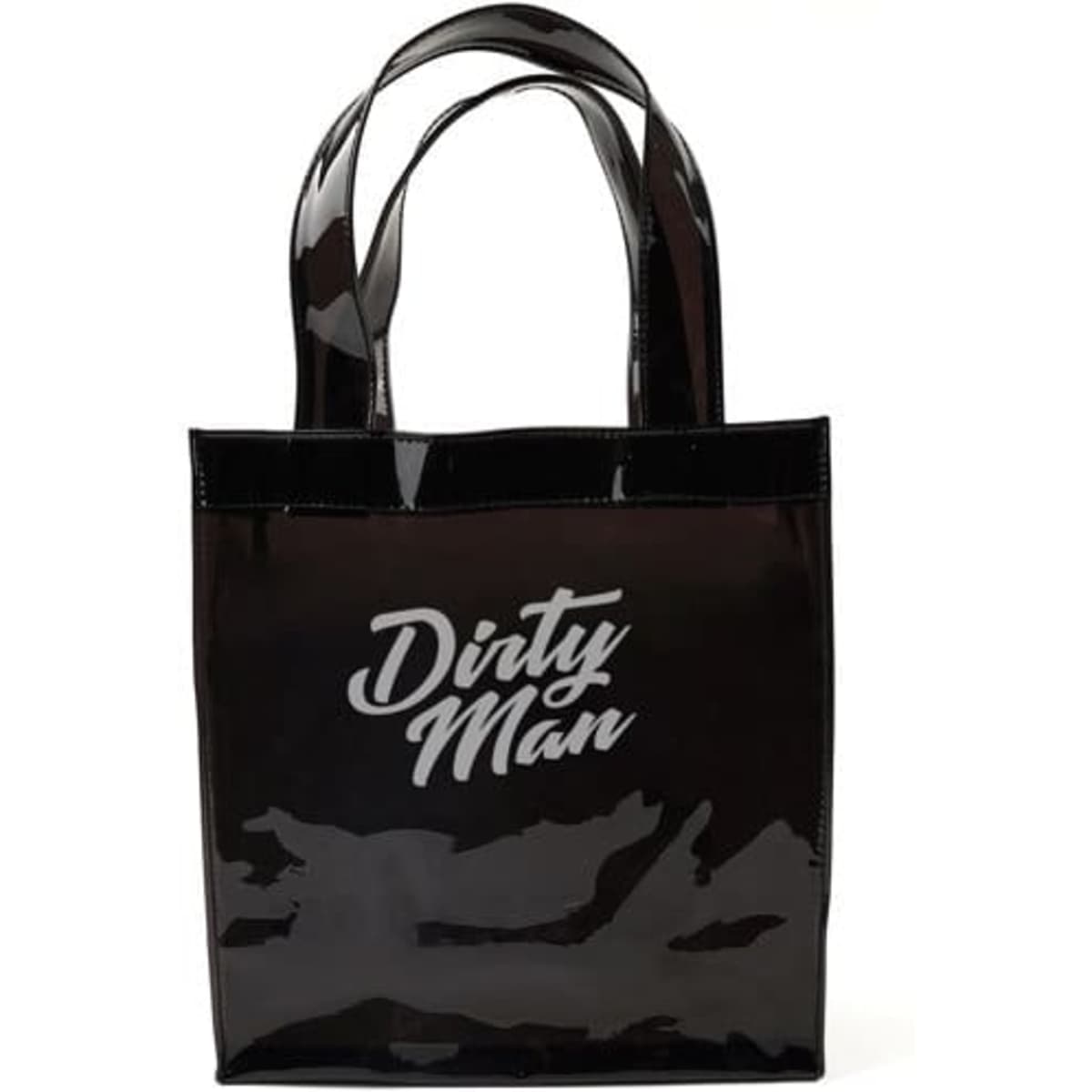 A black clear PVC jelly handbag with two handles and a logo on the front.