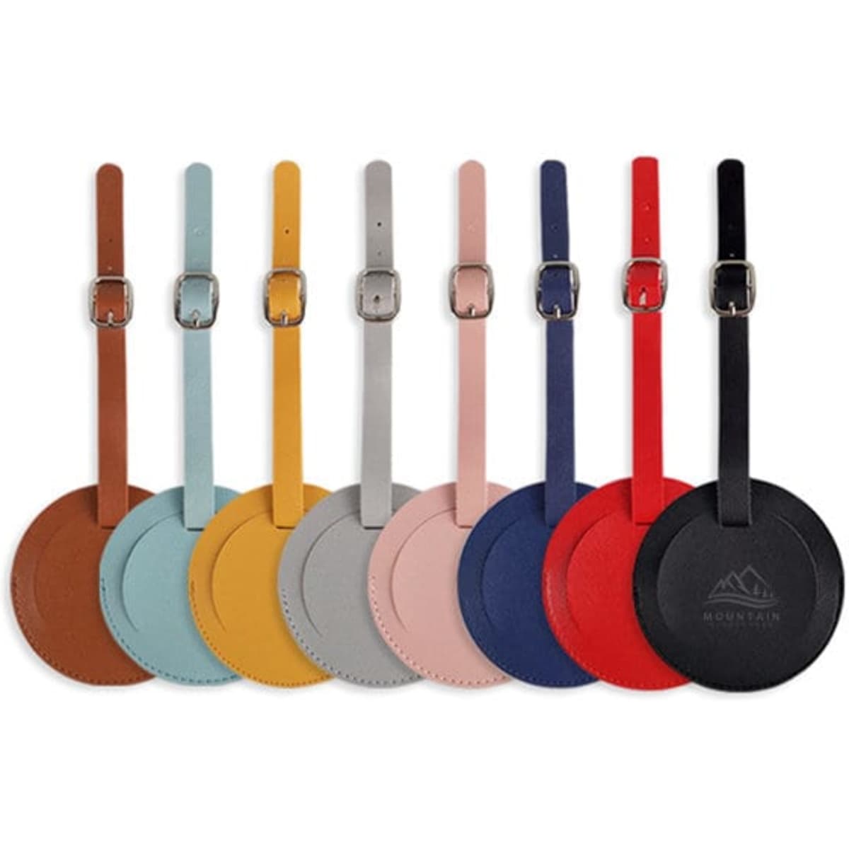 A set of round thickened PU leather luggage tags in various colours including brown, blue, yellow, grey, pink, red, and black, with one logo.