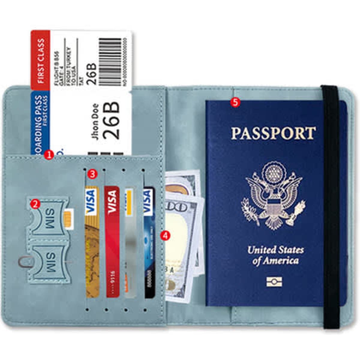 A blue PU leather passport holder with a strap, featuring card slots and a section for a passport and boarding pass.