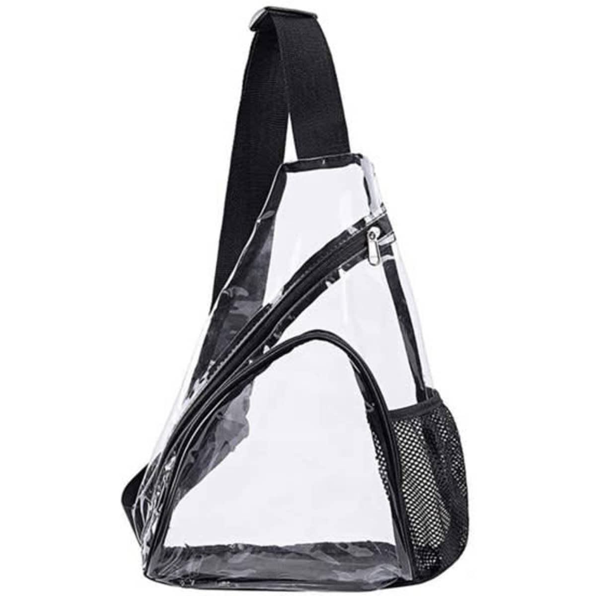 A clear PVC sling bag with a black strap and a mesh pocket. Features a zipper closure and a modern design.