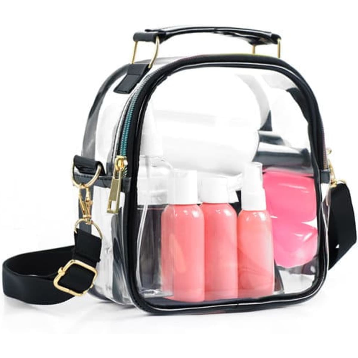 A clear crossbody purse with black and white accents, featuring several pink and white containers inside.