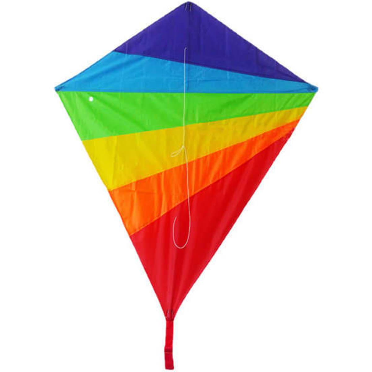 A colourful diamond-shaped kite featuring purple, blue, green, yellow, orange, and red sections with a string.