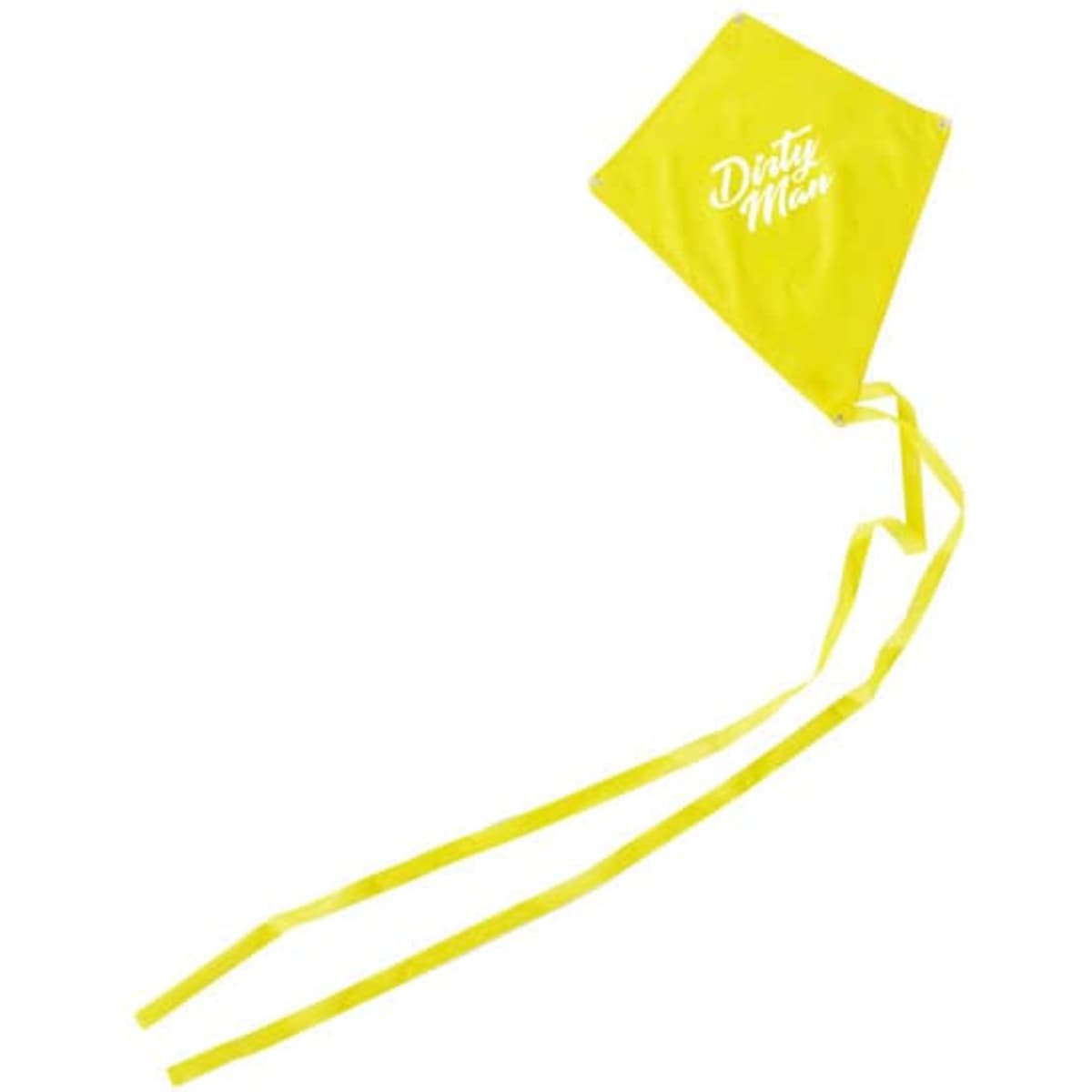 A yellow diamond kite with long ribbons, featuring a logo on the sail. Ideal for outdoor leisure activities.