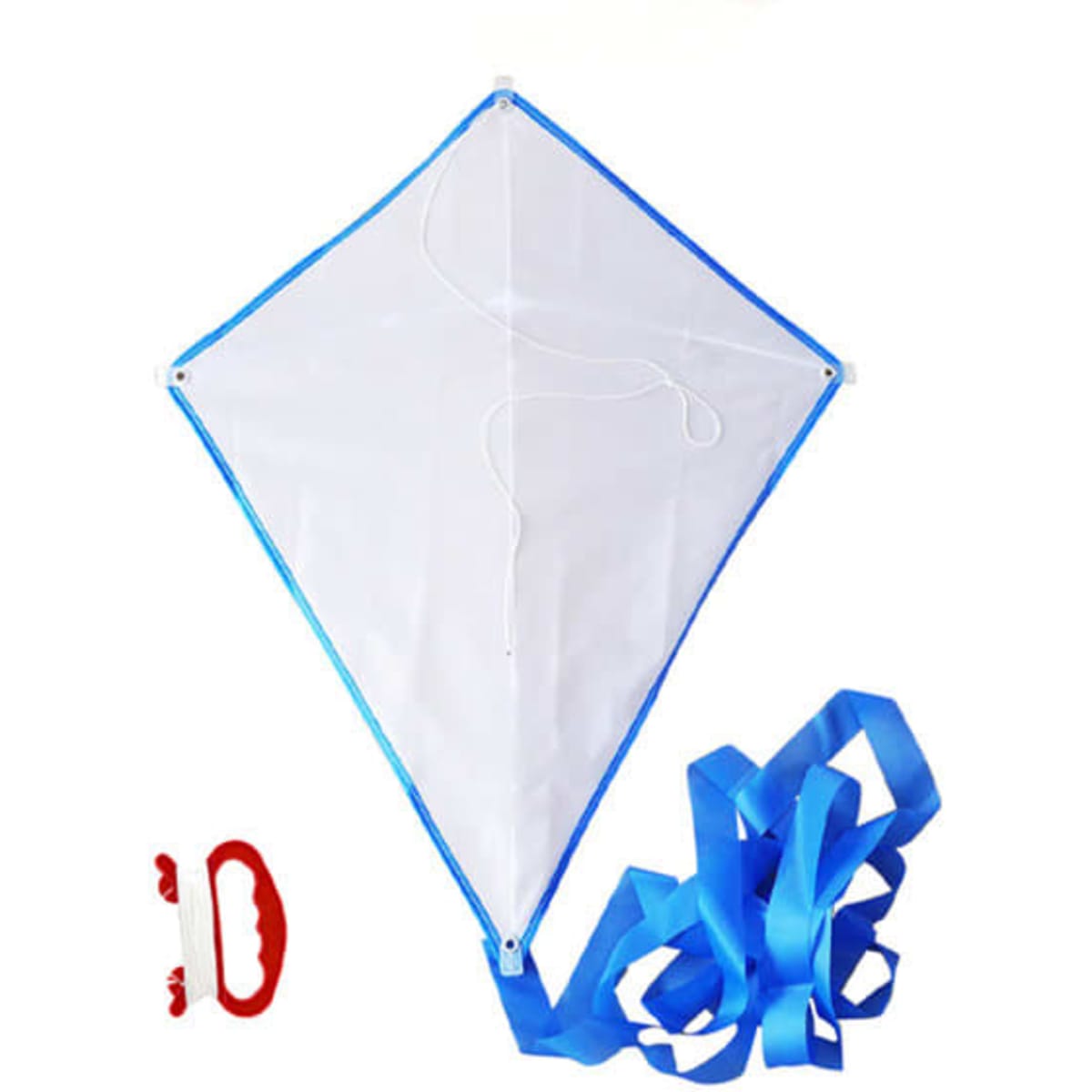 A diamond-shaped kite in white with blue trim, accompanied by a red handle and blue ribbons.