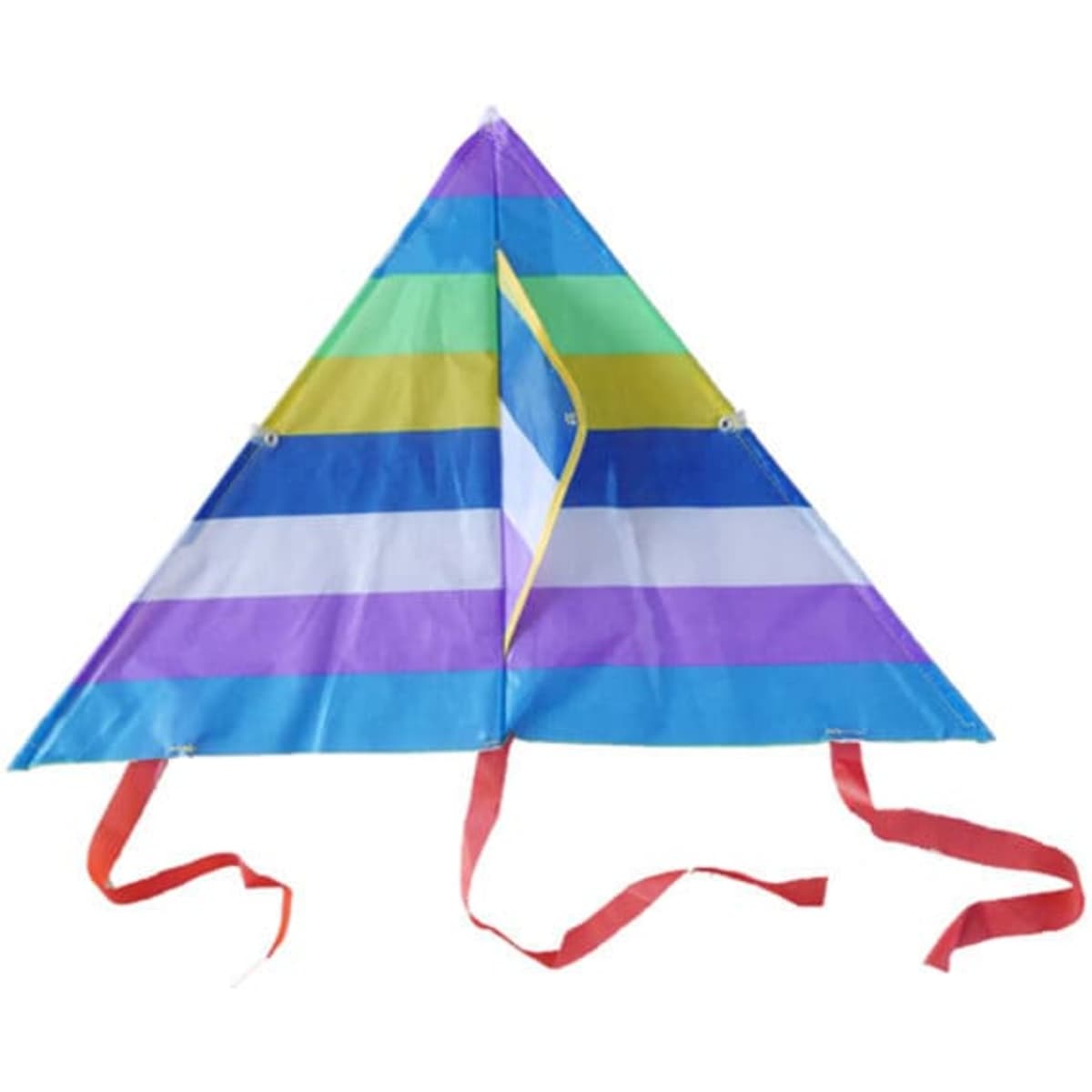 A small, colourful triangle kite featuring stripes in blue, green, yellow, and purple with red tails.
