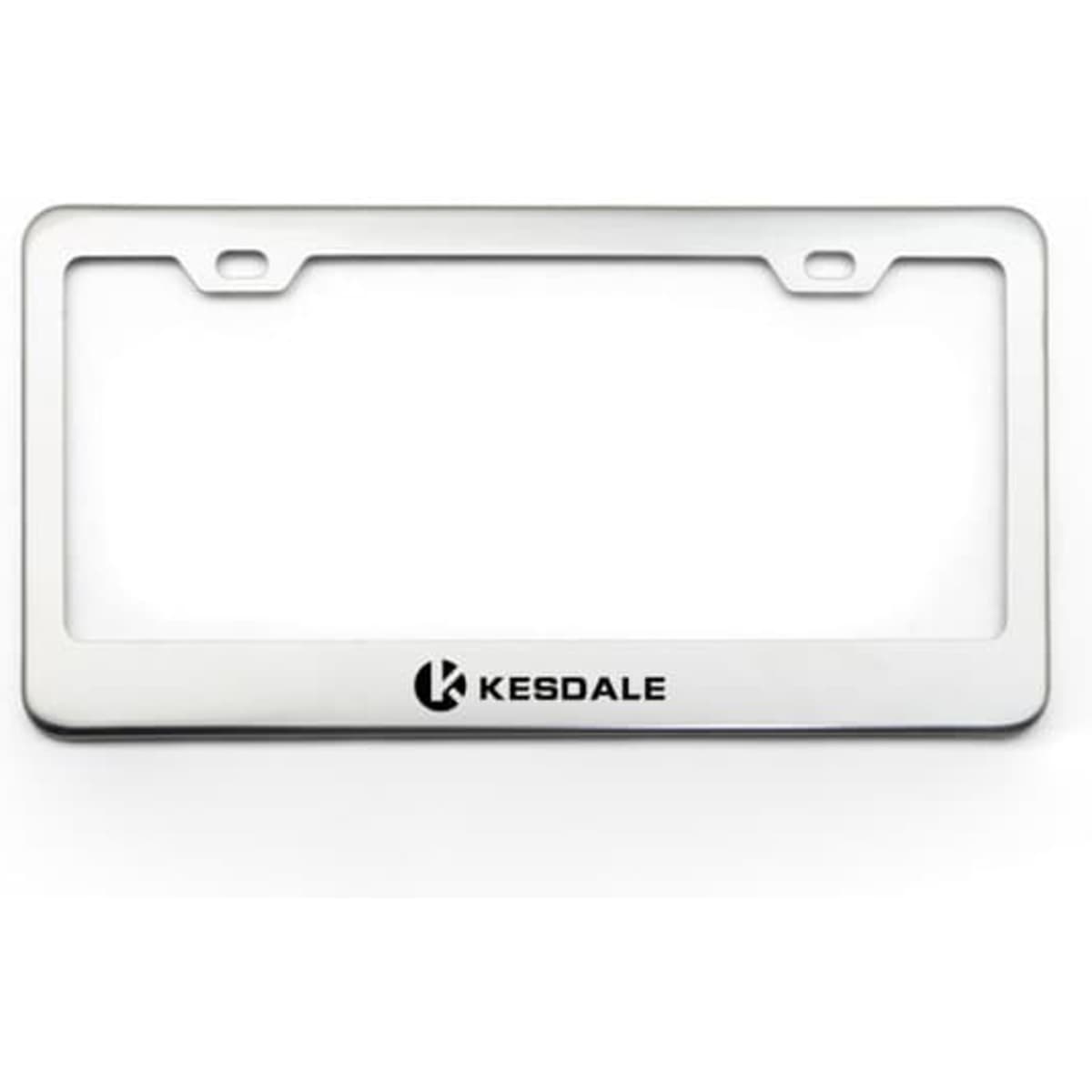 A silver stainless steel license plate frame with a logo at the bottom.