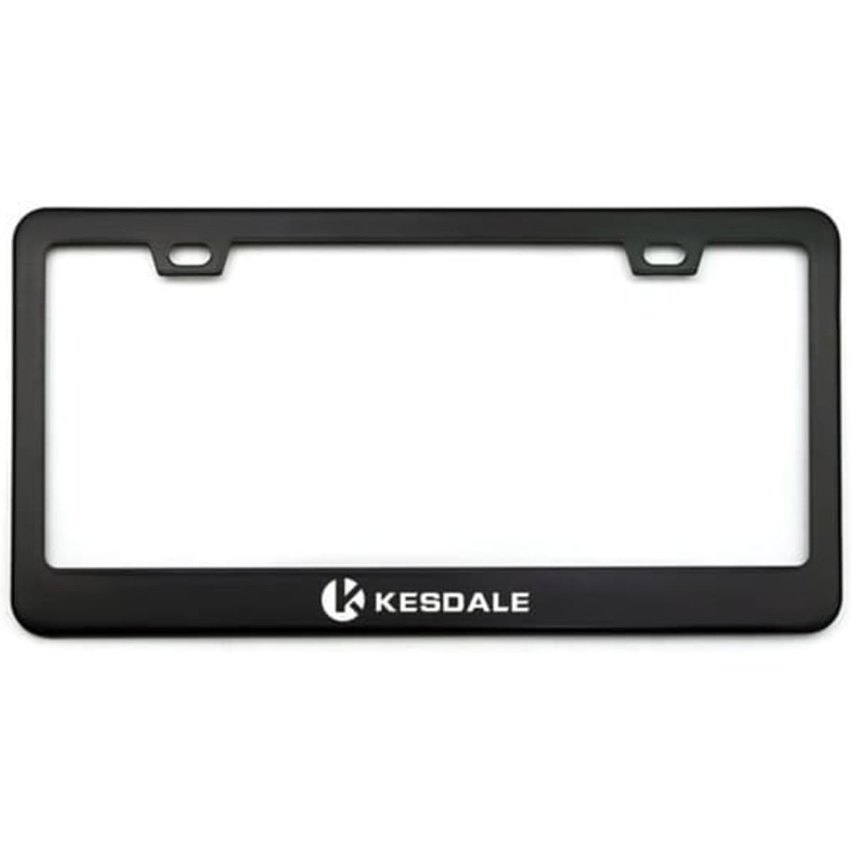 A black stainless steel license plate frame with a logo at the bottom and cutouts for mounting.
