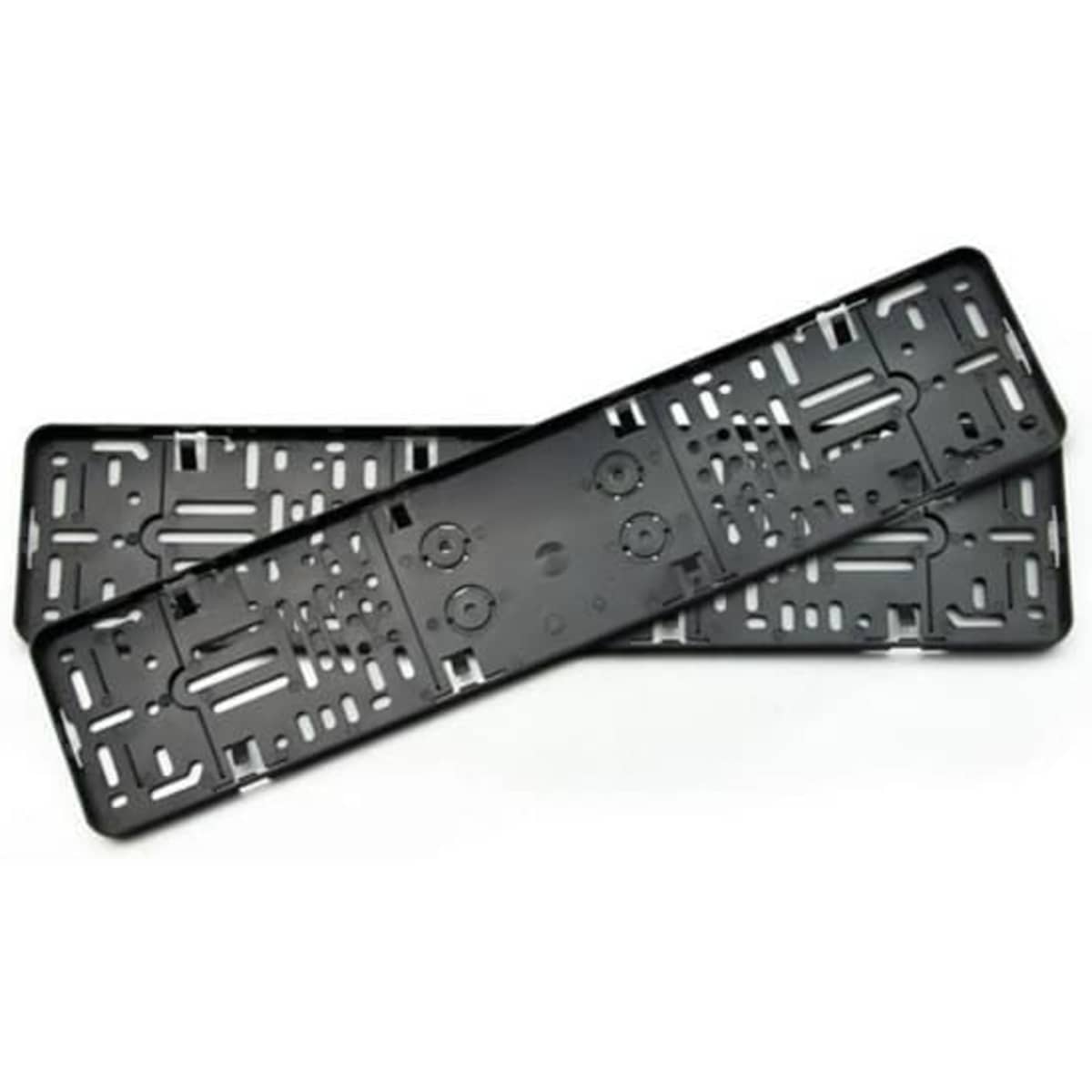 A black plastic European license plate frame featuring various cutouts and a central logo area.