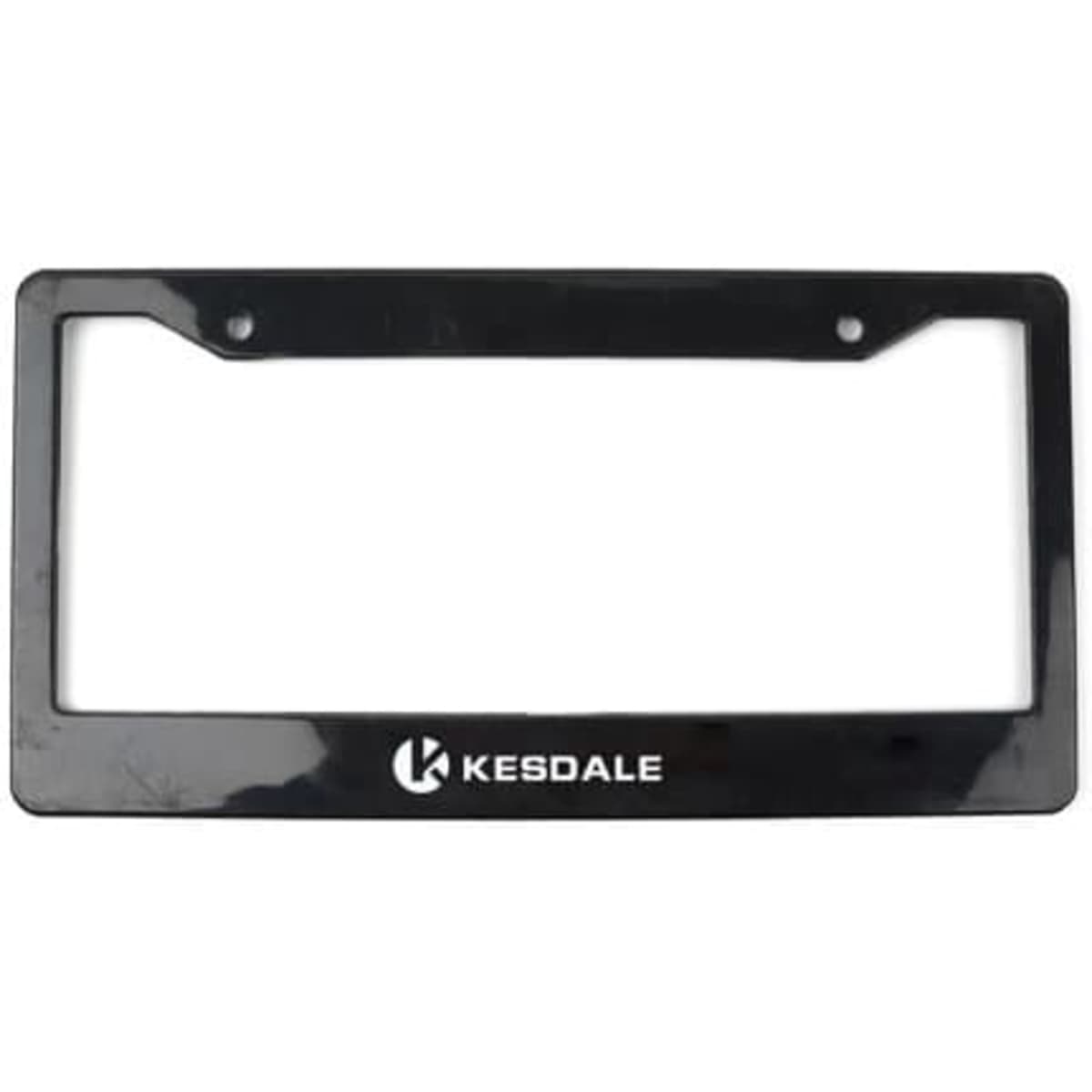 A black custom ABS plastic license plate frame with a branding logo at the bottom and two mounting holes.