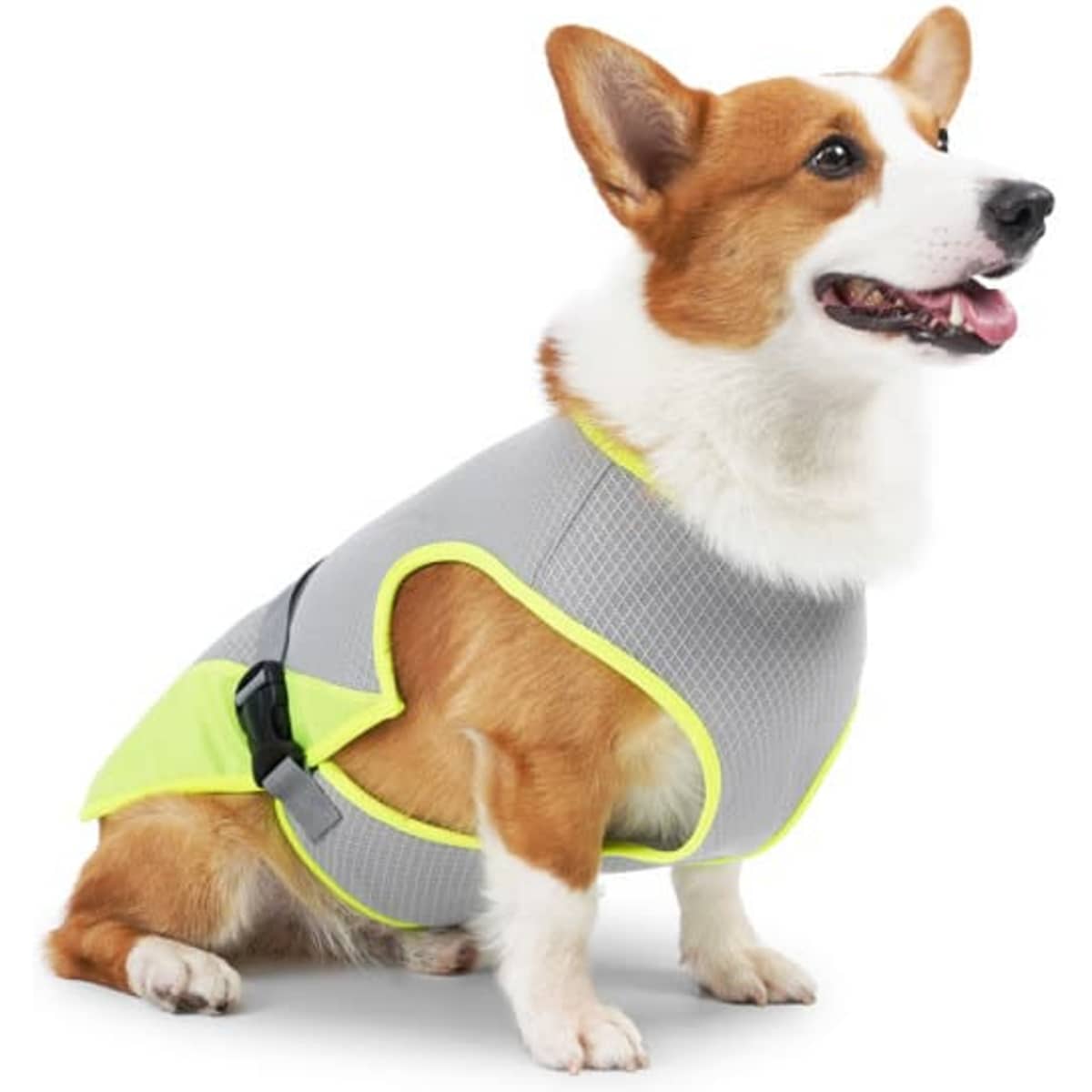 A grey and neon yellow cooling vest for dogs, designed for summer comfort, featuring a buckle closure.
