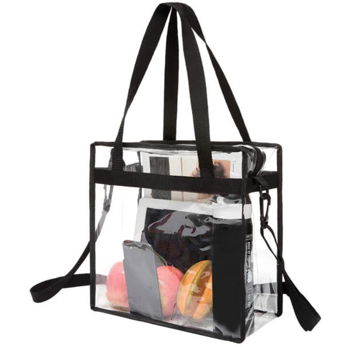 A clear tote bag with a black shoulder strap, containing a phone, water bottle, and two apples.