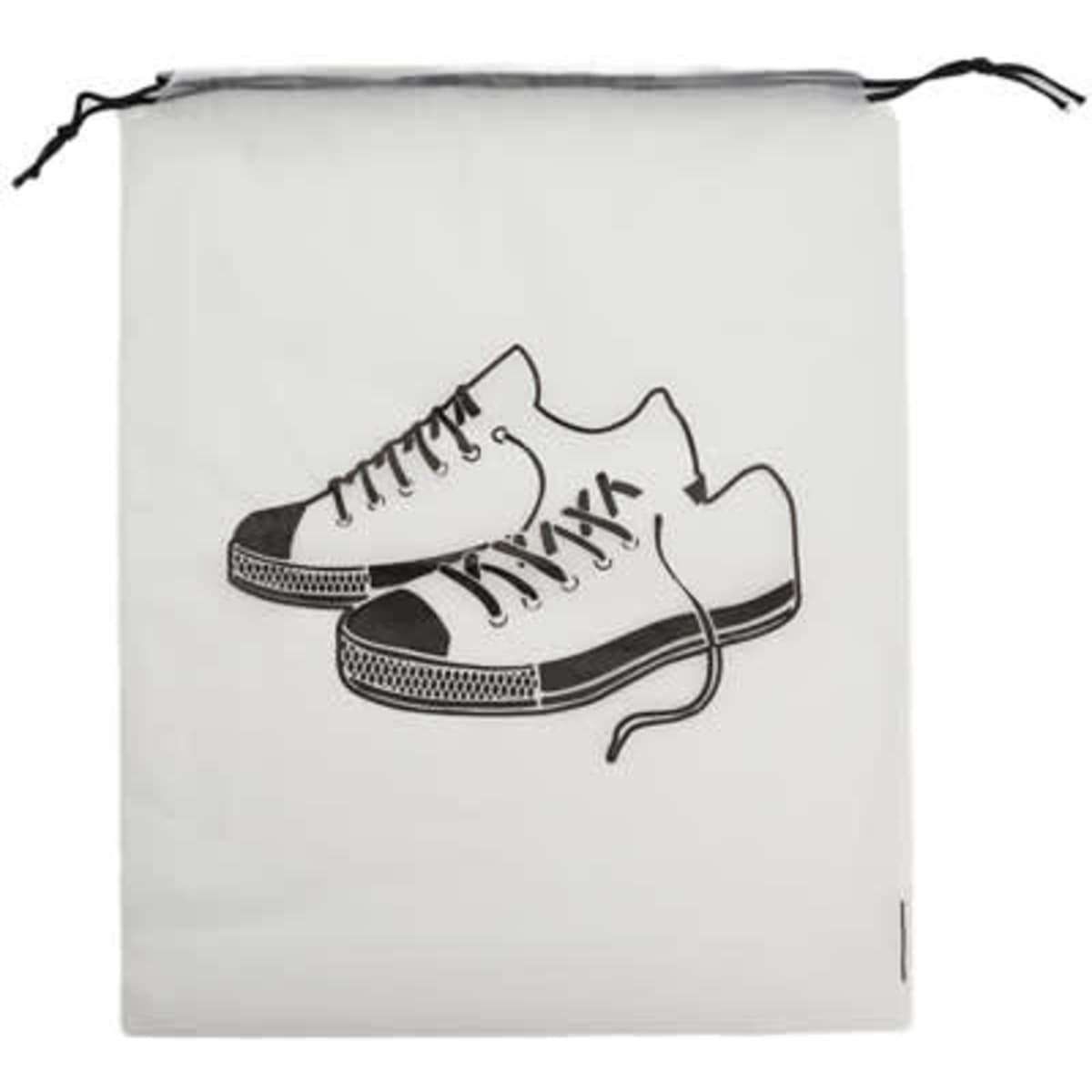 A transparent white drawstring shoe bag featuring a black illustration of sneakers and a logo.