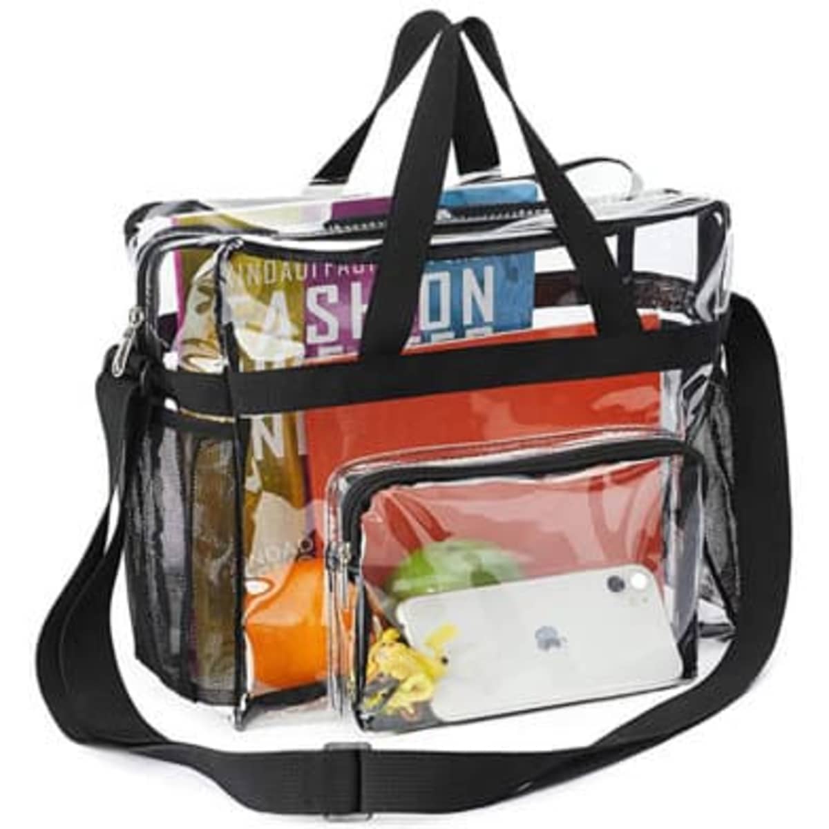 A large clear tote bag with a black shoulder strap, filled with various items and featuring a smaller clear pouch.