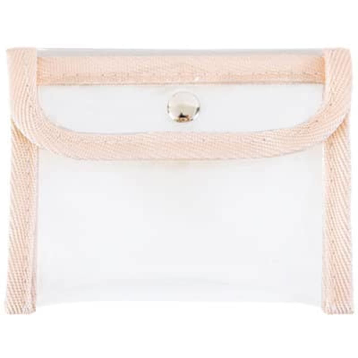 A clear coin purse with a pink trim and a snap closure, featuring a simple, compact design. It has a logo.