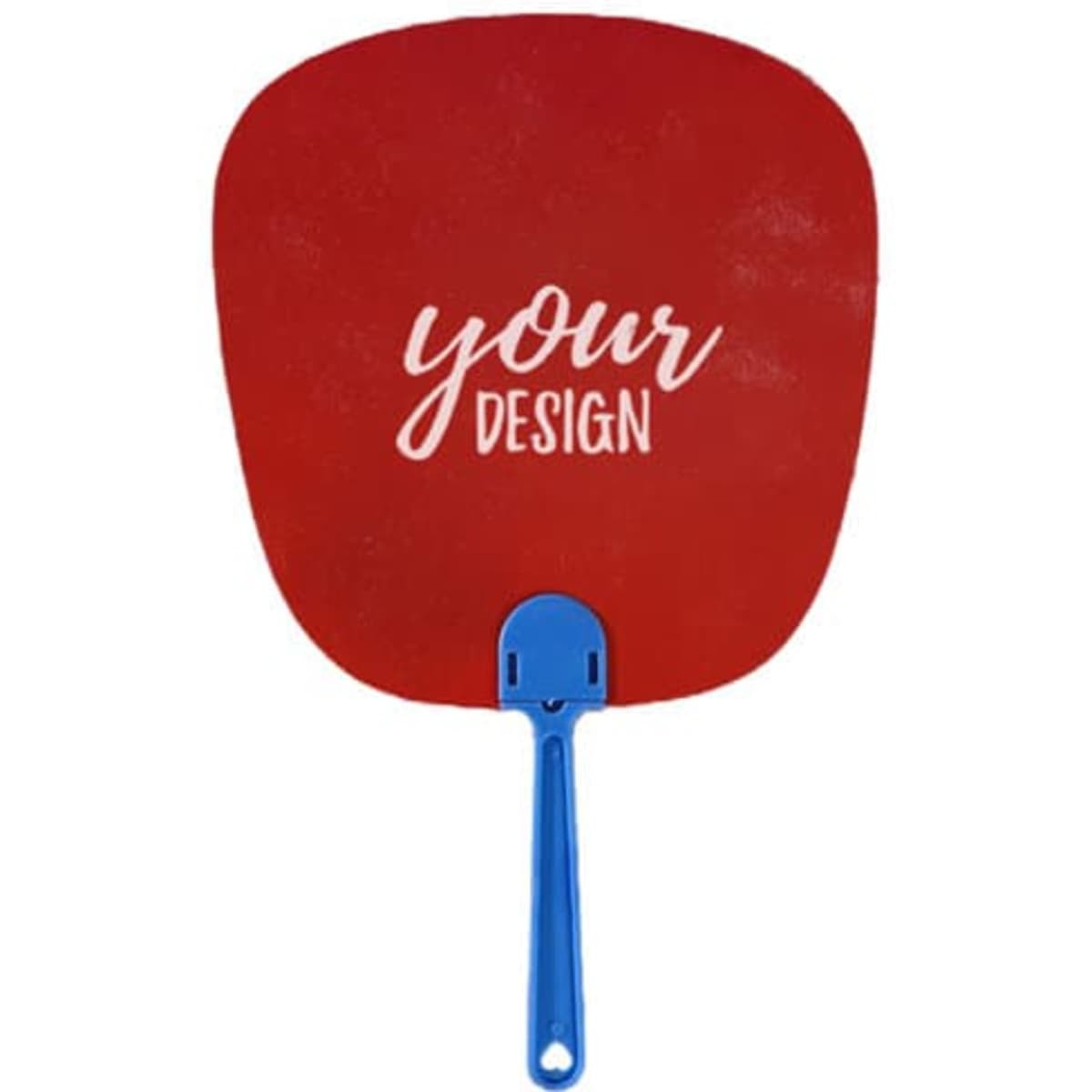 A custom printed plastic hand fan in red with a blue handle, featuring a space for personal design.