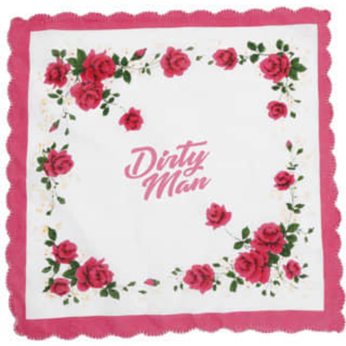 A vintage floral cotton handkerchief with pink roses on a white background and a scalloped edge. It features a logo in the centre.