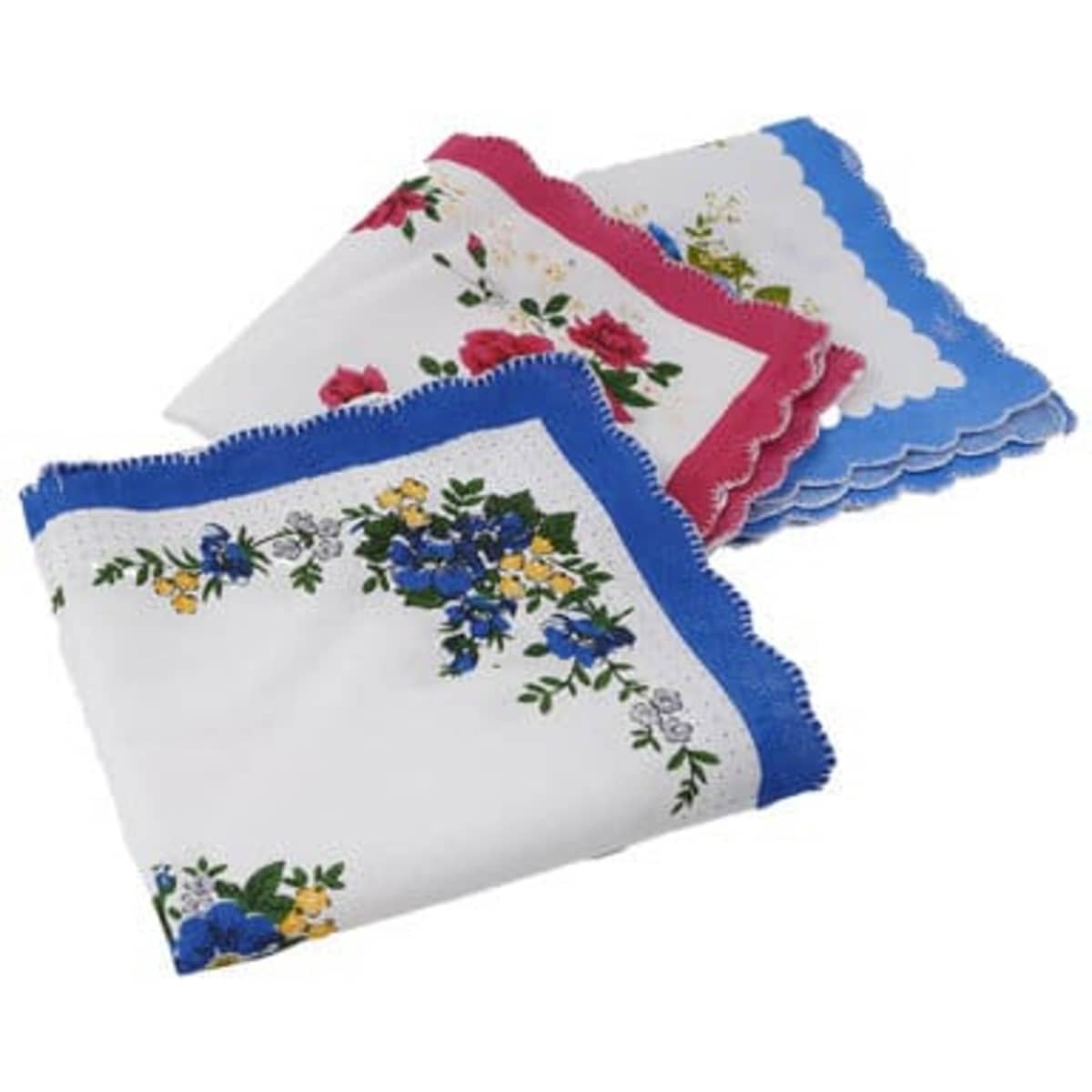 A set of three vintage floral print cotton handkerchiefs featuring blue, pink, and white with decorative edges.