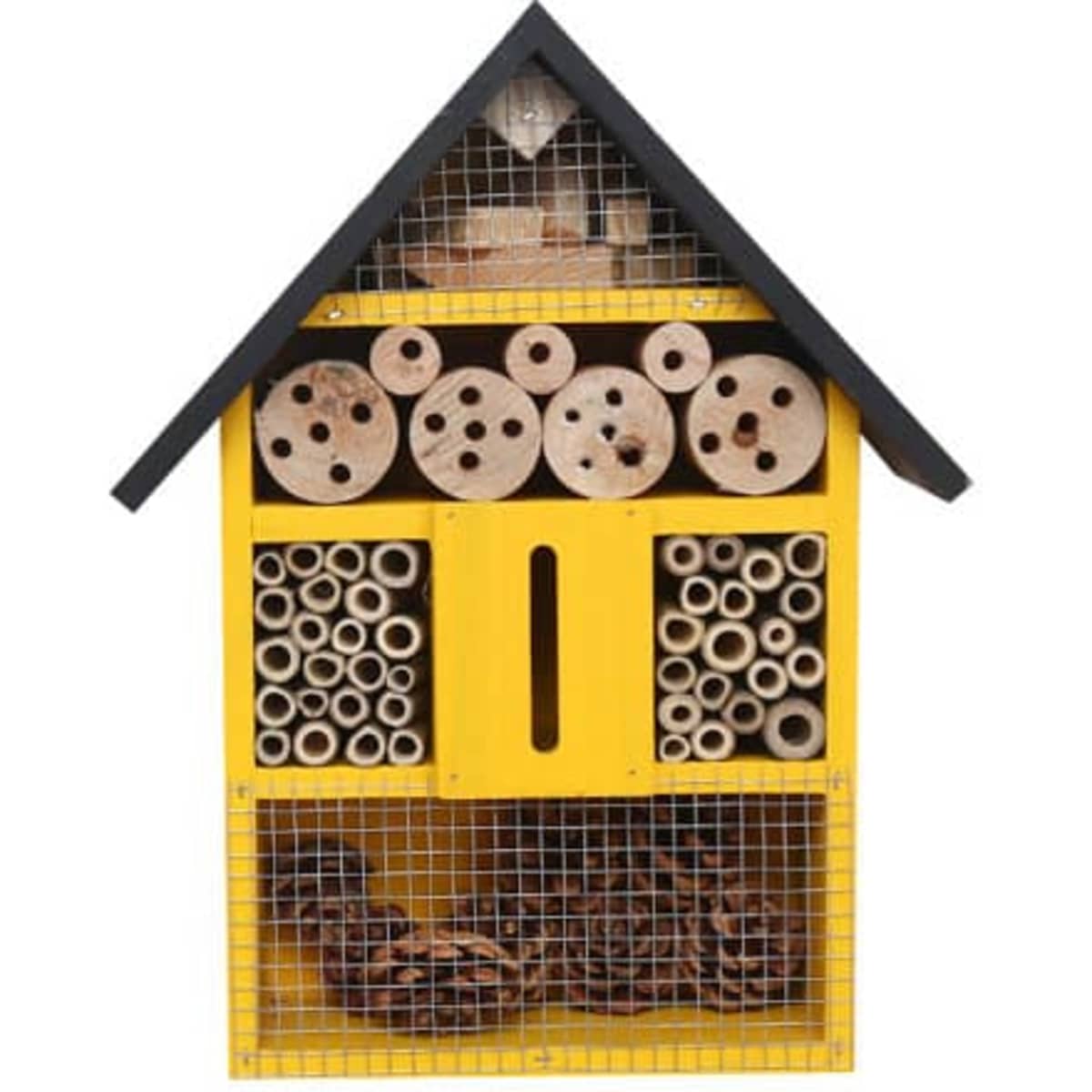 A wooden insect house featuring a yellow base and a black roof, filled with various wooden tubes and openings.