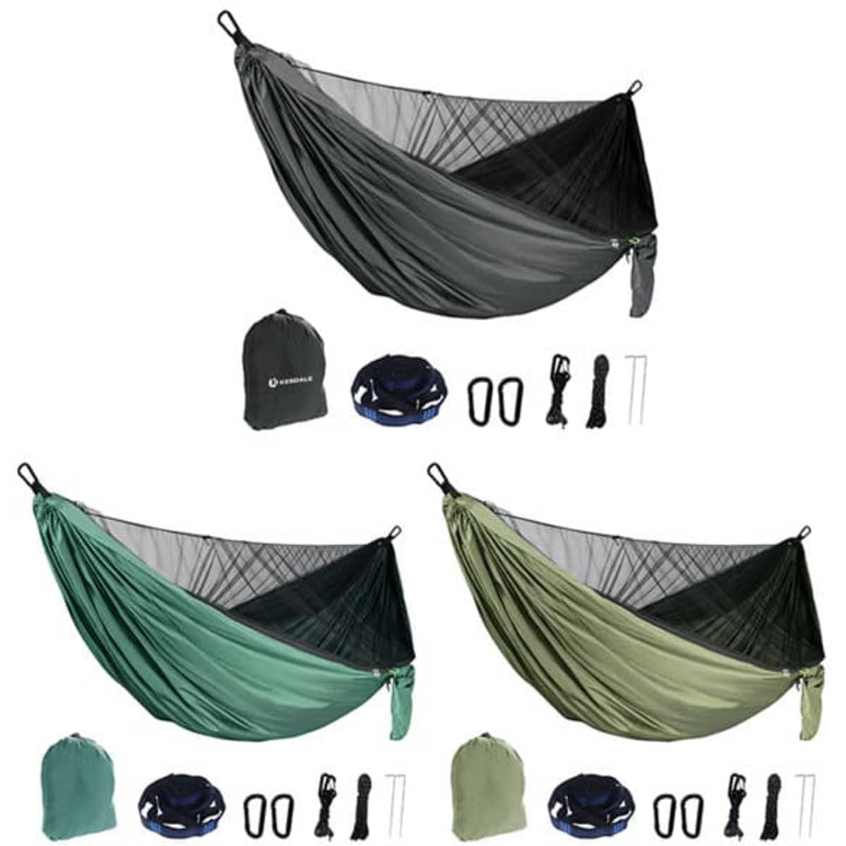 A camping hammock with mosquito net in grey, green, and black, accompanied by accessories and storage bags.