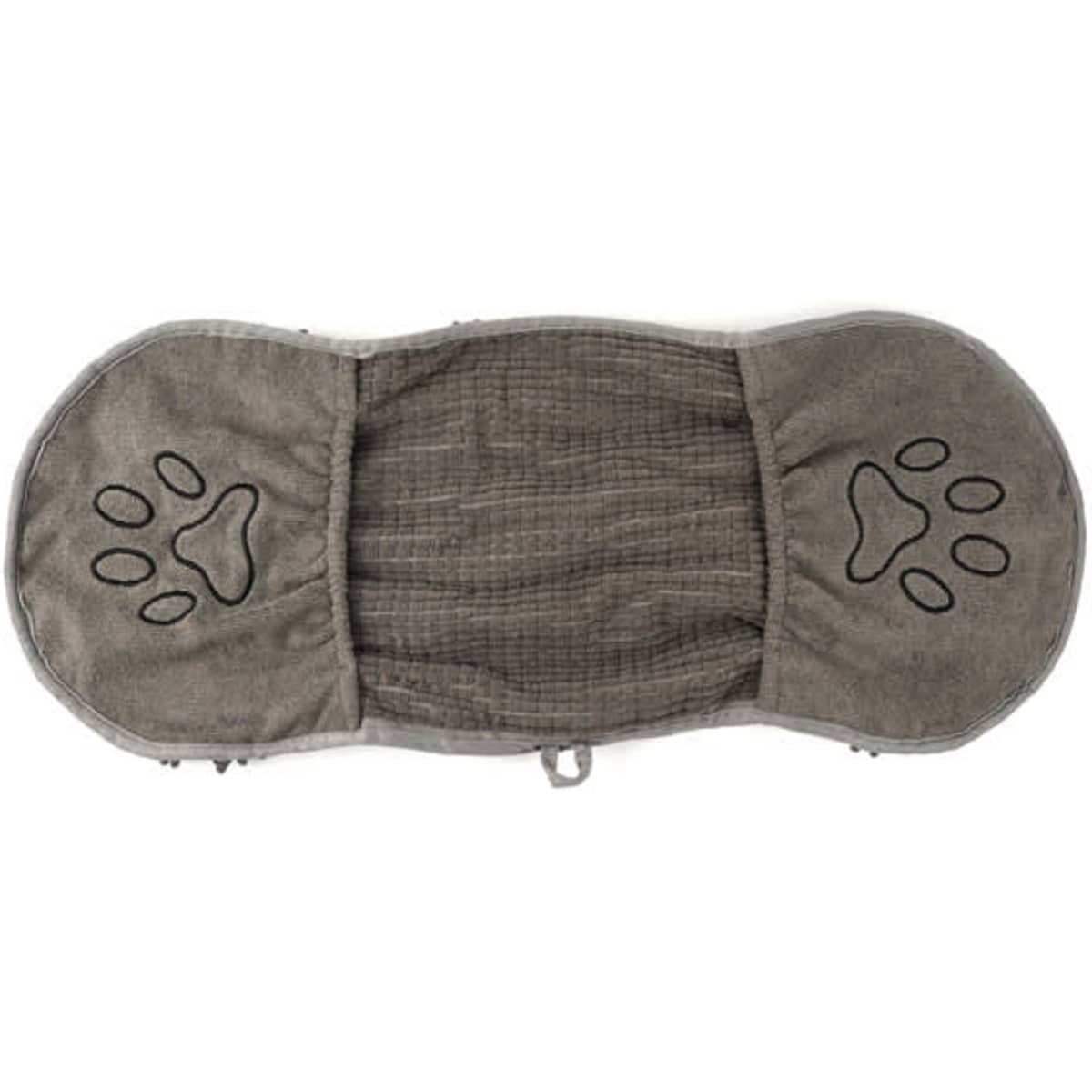 A grey pet towel featuring paw print designs and hand pockets on either side for easy handling.