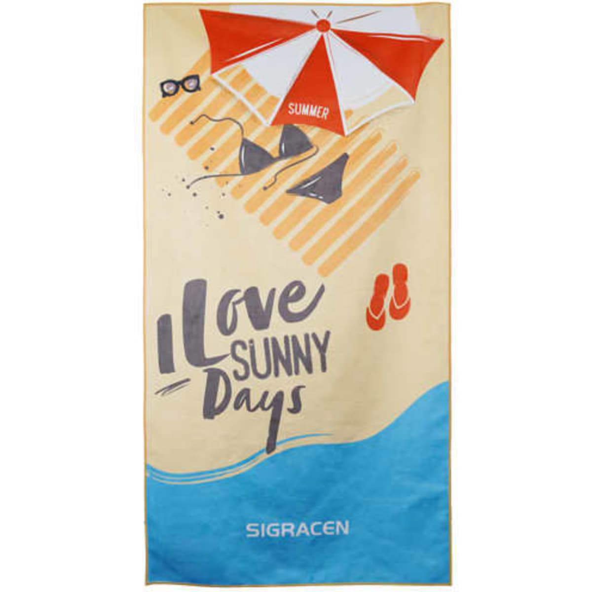 A poly-cotton beach towel featuring a sandy design with sunglasses, sandals, and a bikini in shades of beige, blue, and yellow.
