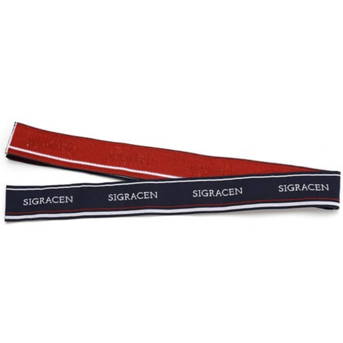 A red and navy woven label strap with a logo, designed for clothing accessories.