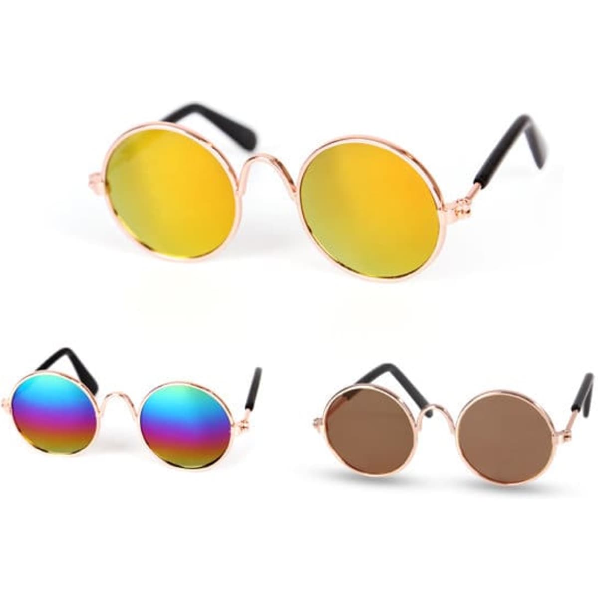 Cool sunglasses for pets featuring round lenses in yellow, rainbow, and brown, with stylish rose gold frames and black arms.