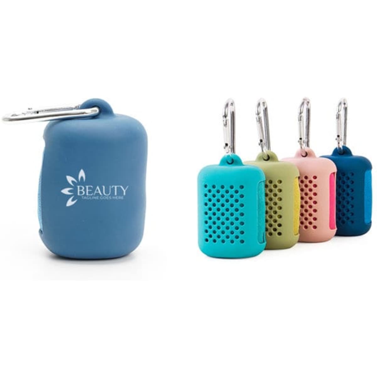 Portable sports towels in various colours with silicone cases, each featuring a carabiner clip and a logo.