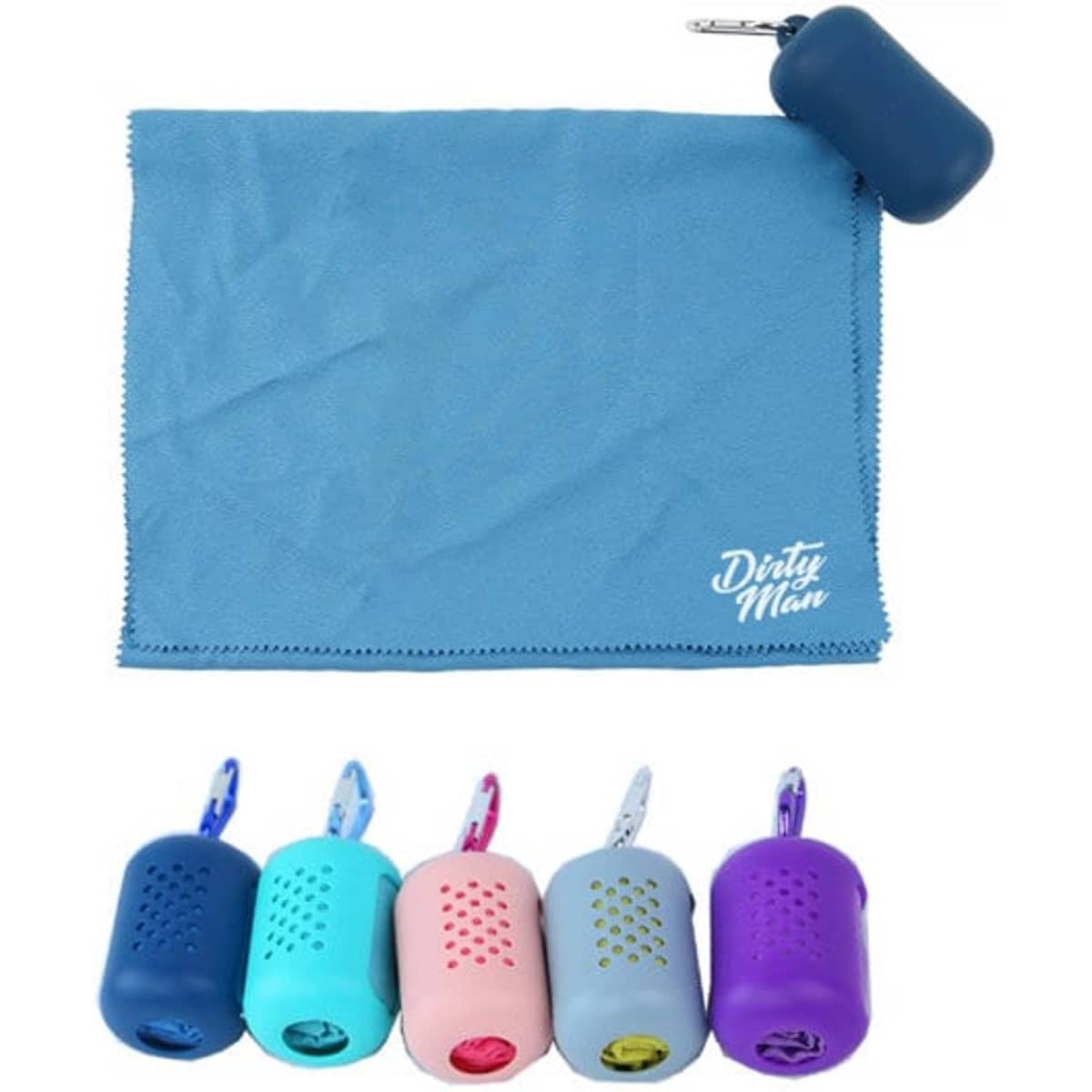 A blue microfiber quick dry towel with a silicone case, featuring various coloured cases underneath.