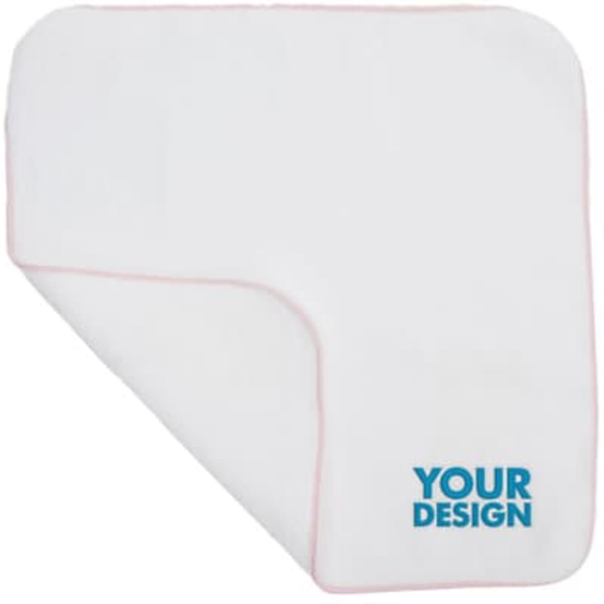 A square cotton towel in white with a pink trim, featuring a logo on one corner.