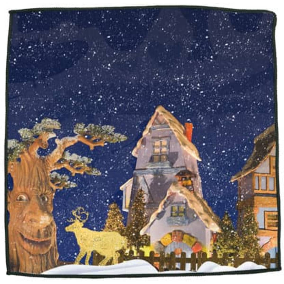 A decorative fleece towel featuring a snowy village scene, with whimsical houses, a tree, and a golden deer.