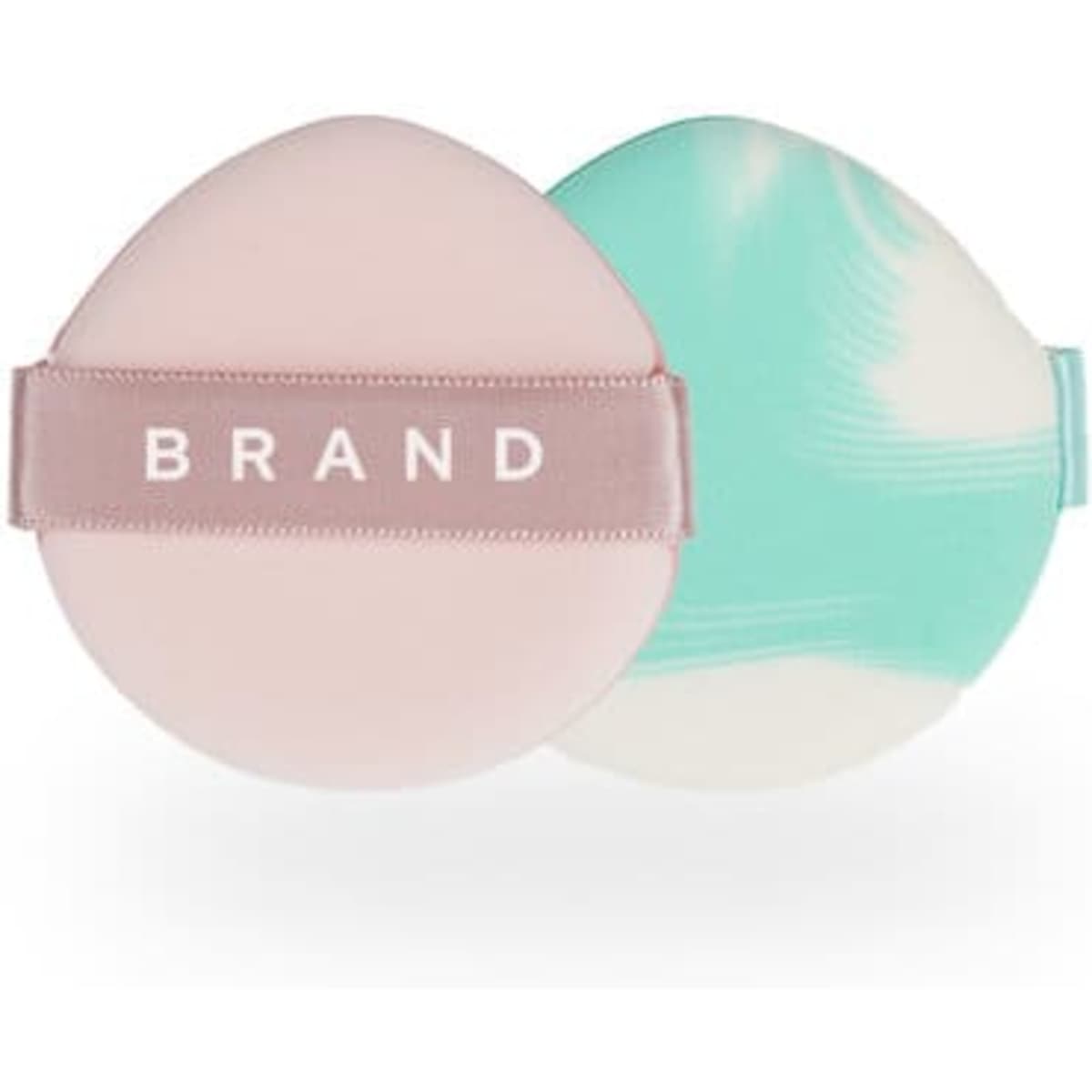 An oval-shaped air cushion powder puff in pink and teal colours, featuring a soft texture and a branding label.