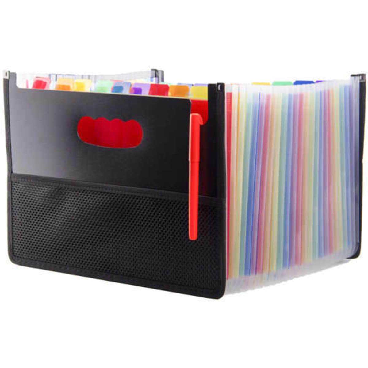A black 24-pocket expanding file organiser with colourful tabs and a mesh pocket, featuring a handle for easy carrying.