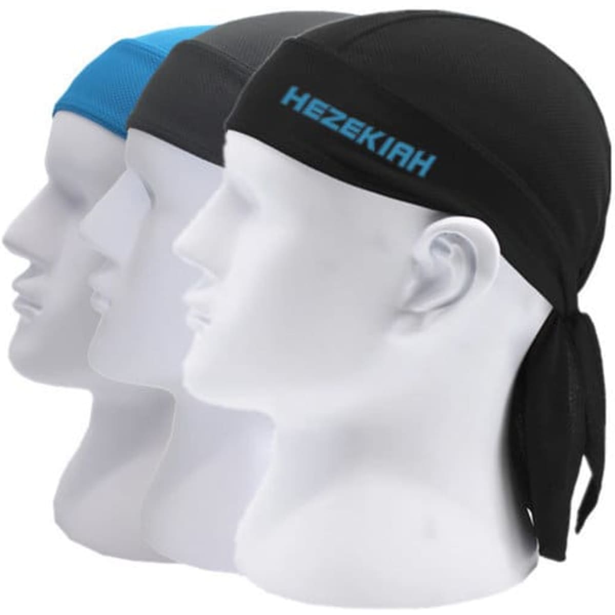 A set of three quick-dry pirate hats in black and blue, displayed on mannequin heads, featuring logos.