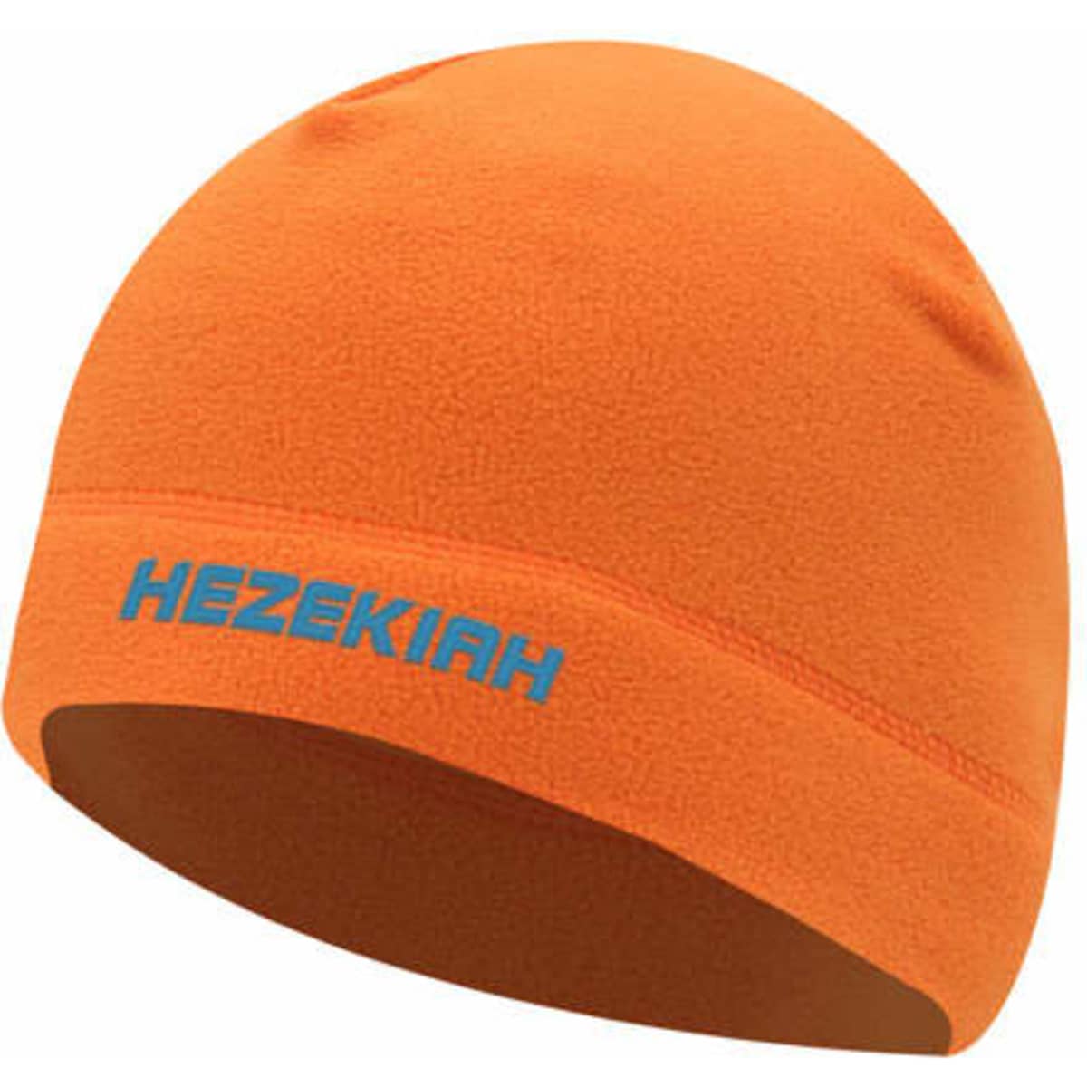 An orange fleece cap featuring a logo in blue. Ideal for headwear in colder weather.