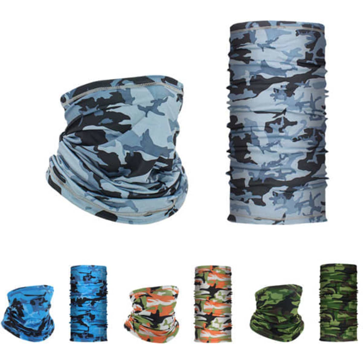 A multi-patterned Sunscreen Ice Silk Cycling Bandana in blue, grey, orange, and green camouflage designs. Includes branding.