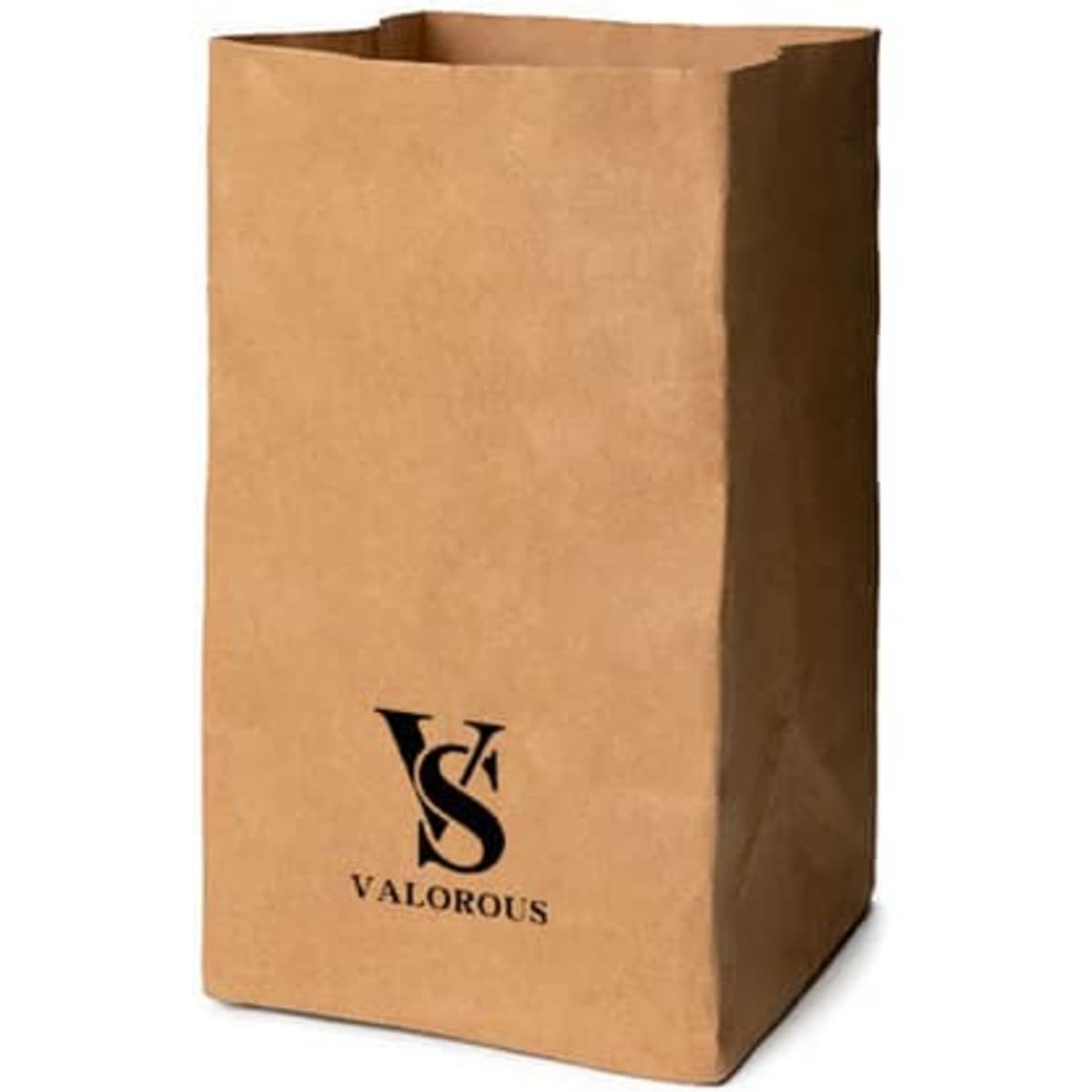 A small kraft brown paper grocery bag featuring a logo in black.