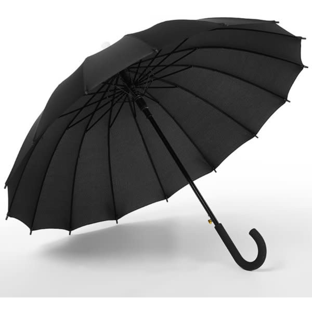 A black umbrella with a telescopic plastic case and a curved handle, featuring a sturdy frame and multiple ribs.