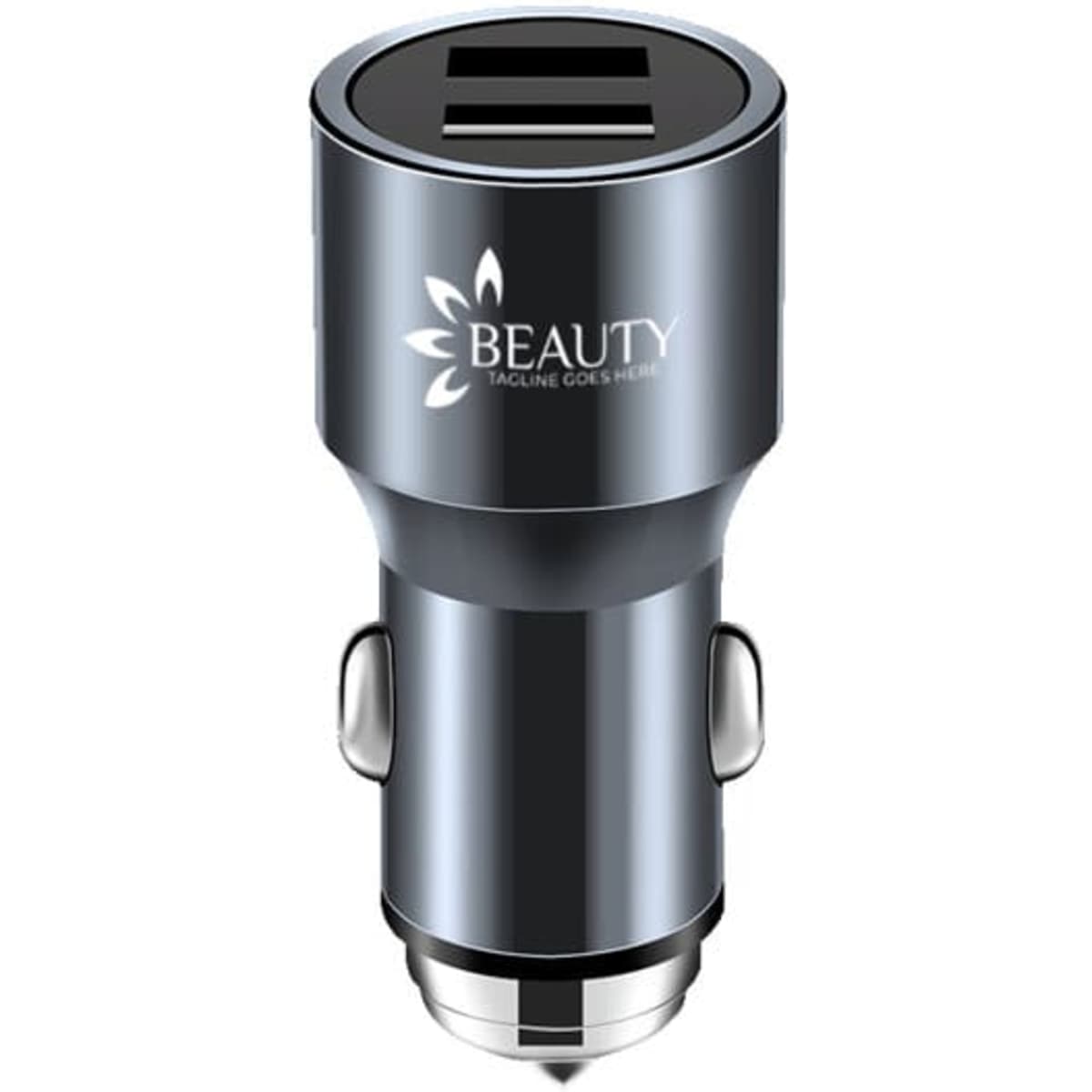 A dual port USB car charger in a sleek black design with a logo on the side.