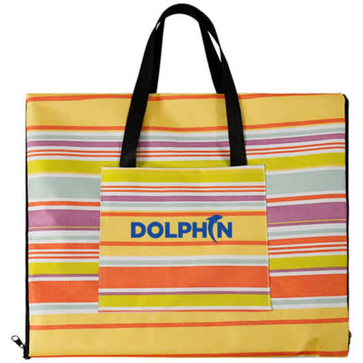 A colourful picnic blanket tote featuring stripes in yellow, pink, blue, and orange, with a black handle and branding.