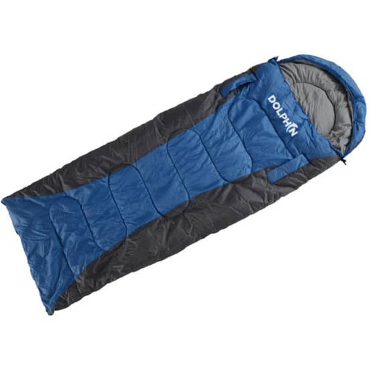 A thickening sleeping bag in blue and grey, featuring a hood and quilted design, with a visible brand logo.