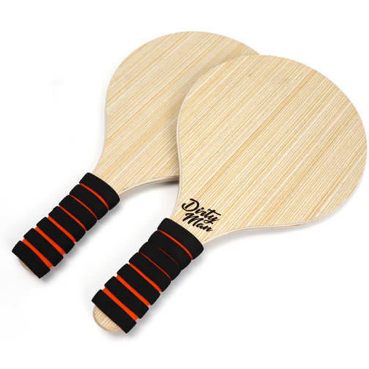 Two wooden beach rackets with a natural finish and black handles featuring orange stripes.