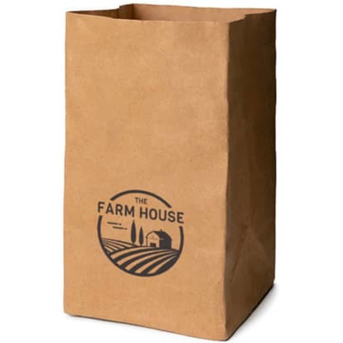 A large brown paper grocery bag featuring a simple logo design on the front.
