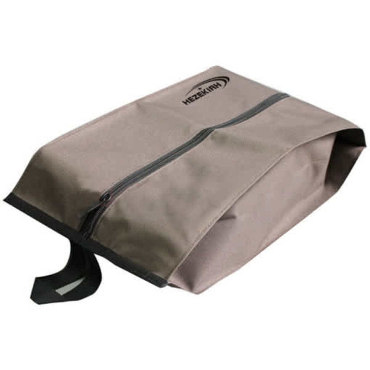 A portable shoe bag in grey fabric, featuring a zipper and a carrying handle, with a logo on the front.