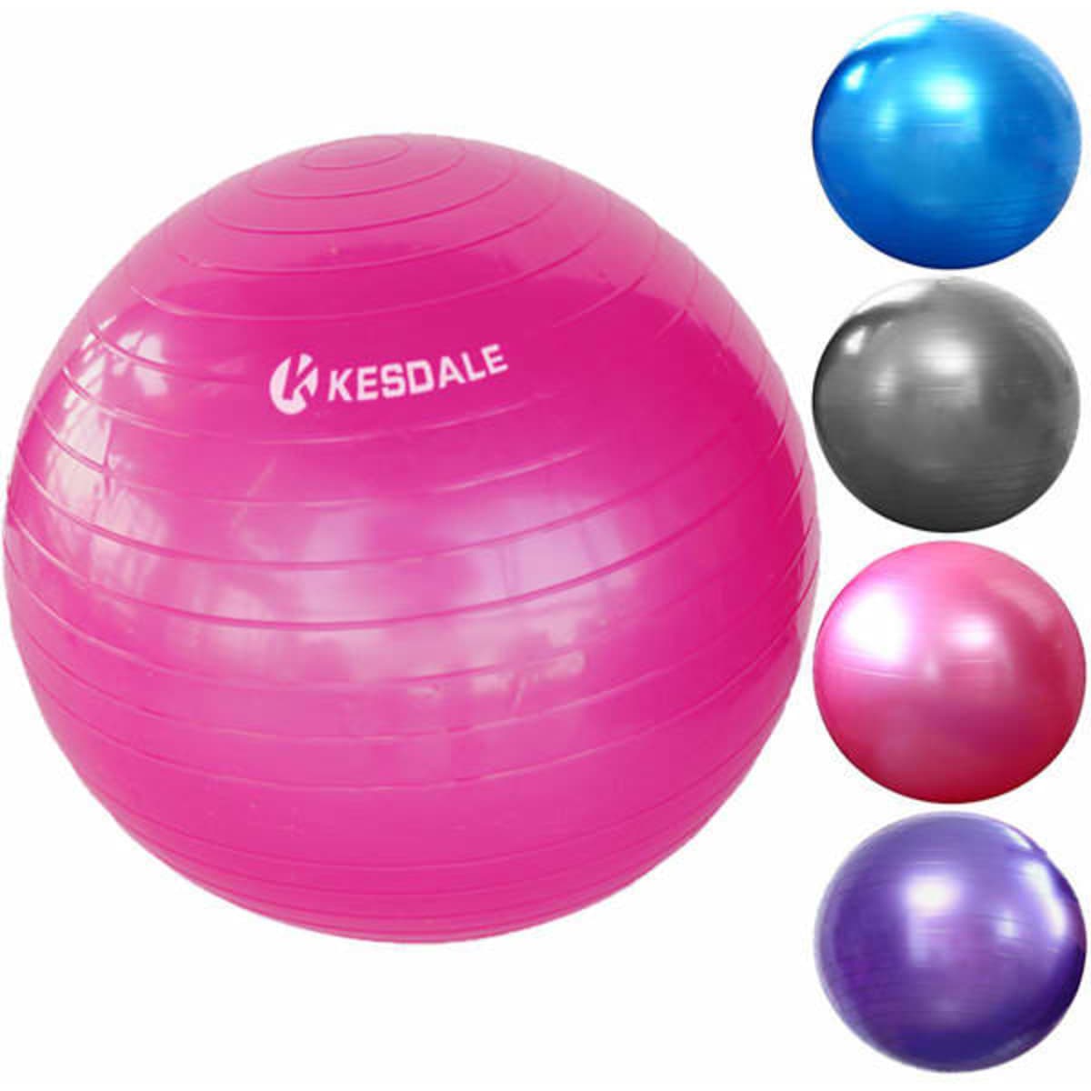 A pink PVC Pilates ball with a shiny surface, accompanied by blue, silver, pink, and purple balls. Features a logo.