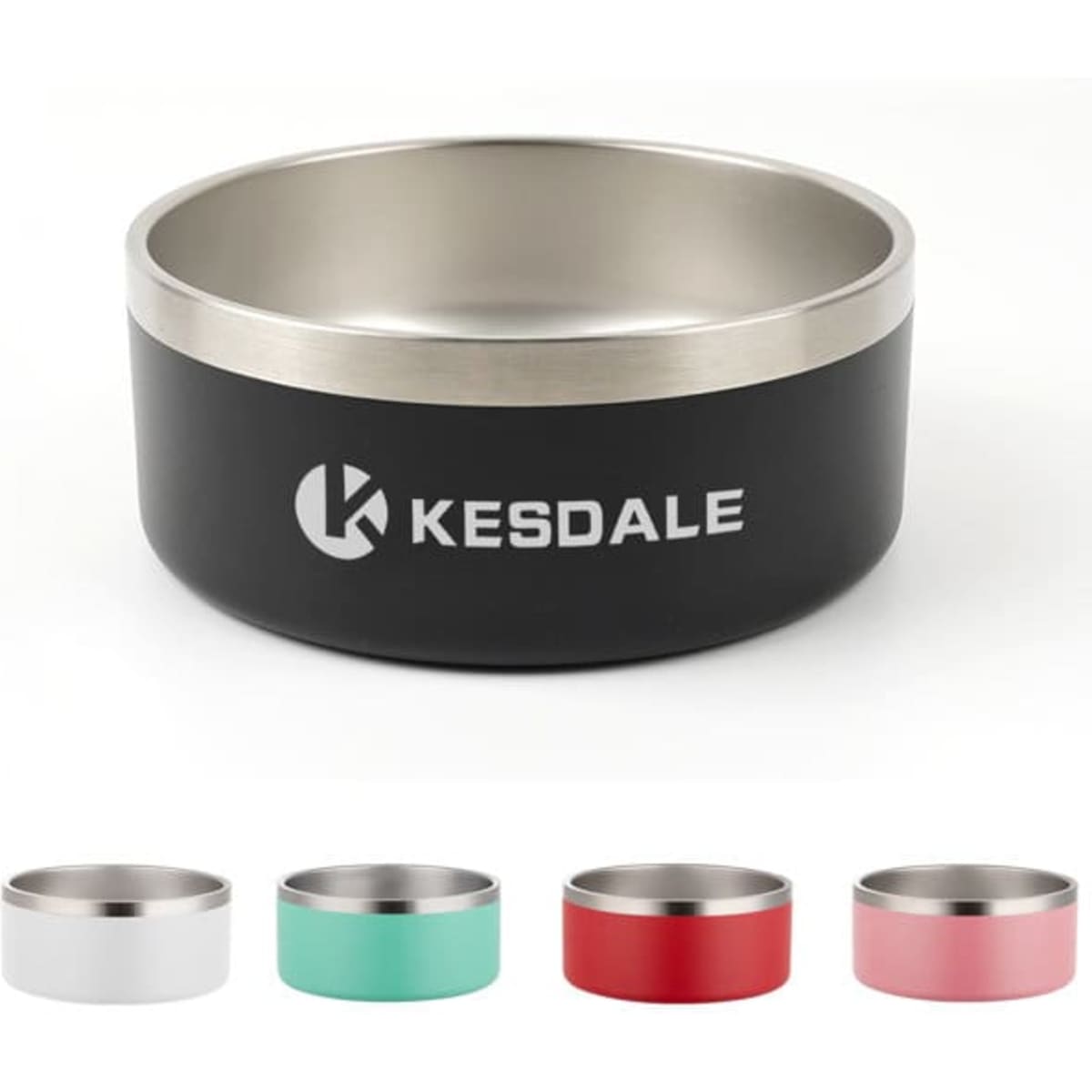 A double wall stainless steel pet bowl in black, featuring a logo, with additional bowls in red, pink, green, and white.