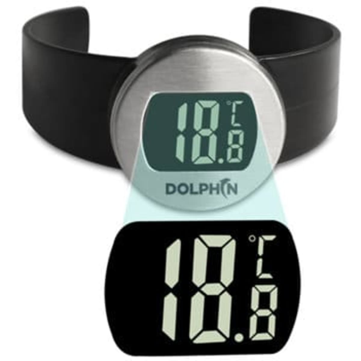 A digital wine thermometer featuring a black strap and a stainless steel face displaying temperature readings.